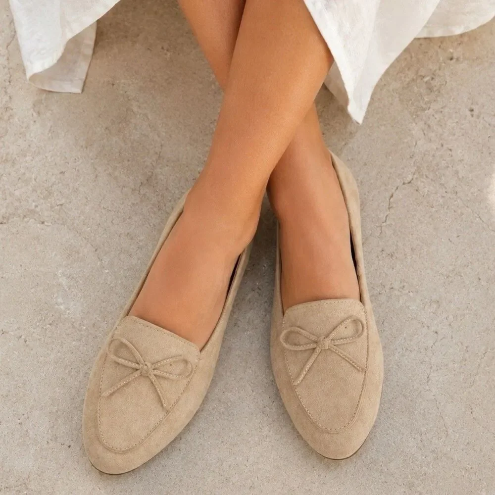 J Crew Shoes Womens‎ 7 Beige Faux Suede Bow Loafers Ballet Flats Feminine
